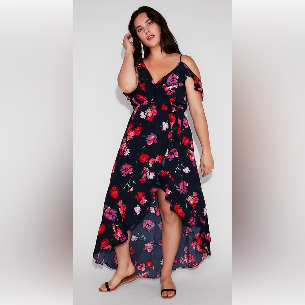 Express Floral Ruffle Wrap Cold Shoulders V-Neck Maxi Dress Blue size Large